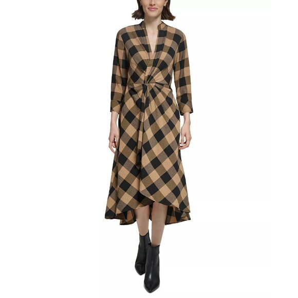 NWT Calvin Klein Womens Buffalo Check Plaid Long Sleeve Surplice Midi Dress S 4 - Picture 1 of 4